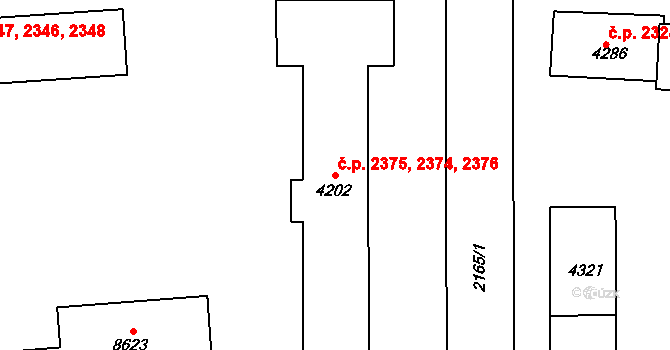 Zelené Předměstí 2374,2375,2376, Pardubice na parcele st. 4202 v KÚ Pardubice, Katastrální mapa