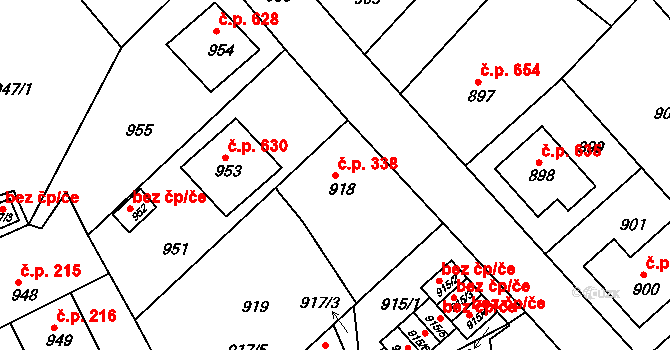 Odry 338 na parcele st. 918 v KÚ Odry, Katastrální mapa