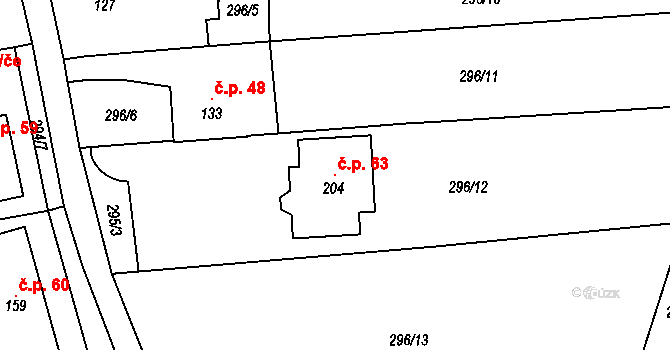 Lbín 63, Bžany na parcele st. 204 v KÚ Lysec, Katastrální mapa