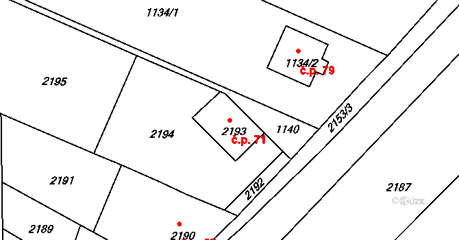 Měrůtky 71, Lutopecny na parcele st. 2193 v KÚ Měrůtky, Katastrální mapa