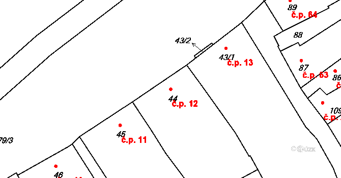 Trávník 12, Kroměříž na parcele st. 44 v KÚ Trávník, Katastrální mapa