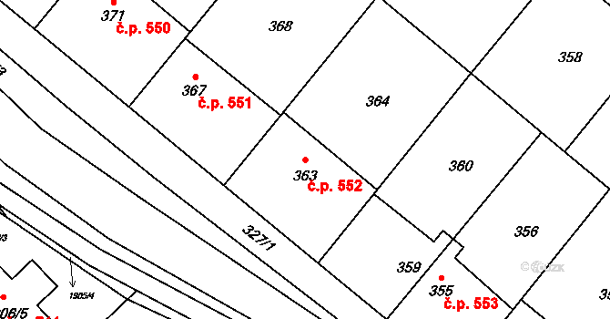 Konice 552 na parcele st. 363 v KÚ Konice, Katastrální mapa