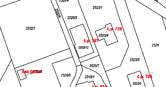 Jaktař 757, Opava na parcele st. 2520/12 v KÚ Jaktař, Katastrální mapa