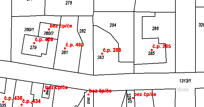 Hostivice 286 na parcele st. 283 v KÚ Hostivice, Katastrální mapa