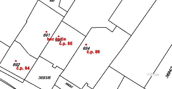 Vyškov-Předměstí 86, Vyškov na parcele st. 684 v KÚ Vyškov, Katastrální mapa