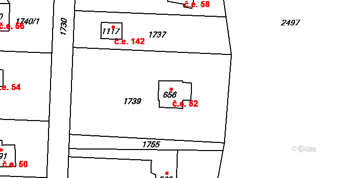 Čerčany 52 na parcele st. 656 v KÚ Čerčany, Katastrální mapa