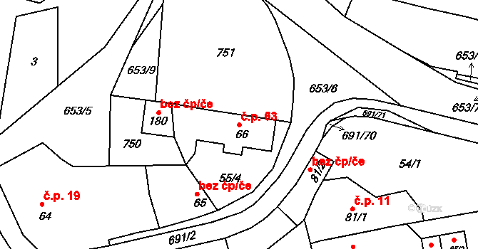 Razice 63, Hrobčice na parcele st. 66 v KÚ Razice, Katastrální mapa