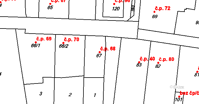 Sobáčov 68, Mladeč na parcele st. 67 v KÚ Sobáčov, Katastrální mapa