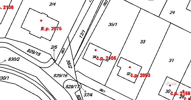 Rožnov pod Radhoštěm 2105 na parcele st. 34 v KÚ Hážovice, Katastrální mapa