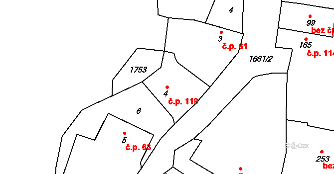 Lnáře 119 na parcele st. 4 v KÚ Lnáře, Katastrální mapa
