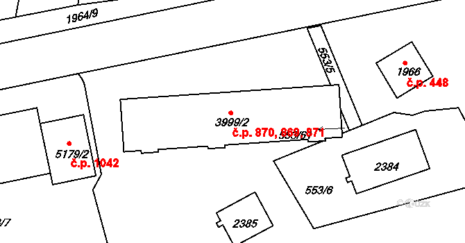 Borovina 869,870,871, Třebíč na parcele st. 3999/2 v KÚ Třebíč, Katastrální mapa