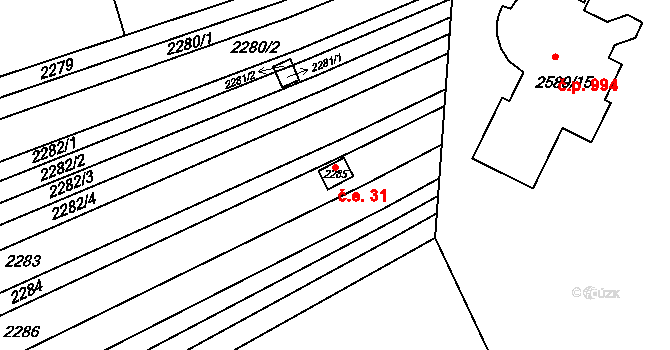 Maloměřice 31, Brno na parcele st. 2285 v KÚ Maloměřice, Katastrální mapa