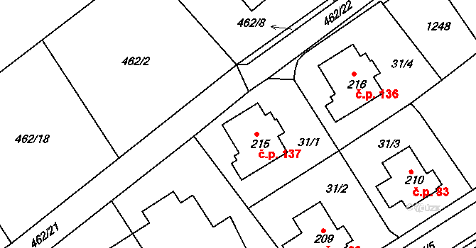Semechnice 137 na parcele st. 215 v KÚ Semechnice, Katastrální mapa