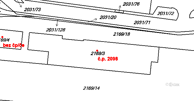 Horní Počernice 2098, Praha na parcele st. 2169/3 v KÚ Horní Počernice, Katastrální mapa