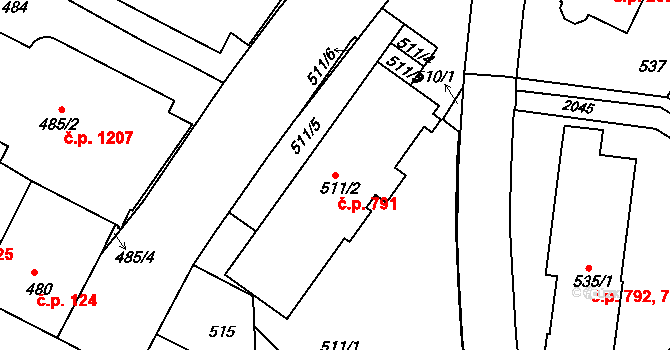 Podolí 791, Praha na parcele st. 511/2 v KÚ Podolí, Katastrální mapa