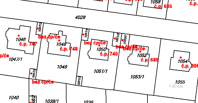Modřany 740, Praha na parcele st. 1050 v KÚ Modřany, Katastrální mapa