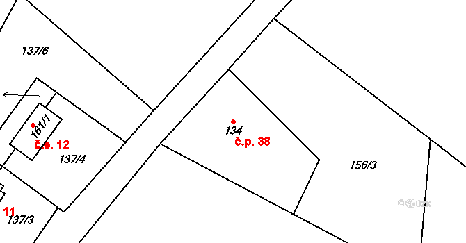 Černý Potok 38, Kryštofovy Hamry na parcele st. 134 v KÚ Černý Potok, Katastrální mapa