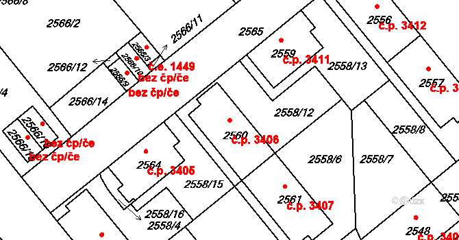 Chomutov 3406 na parcele st. 2560 v KÚ Chomutov II, Katastrální mapa