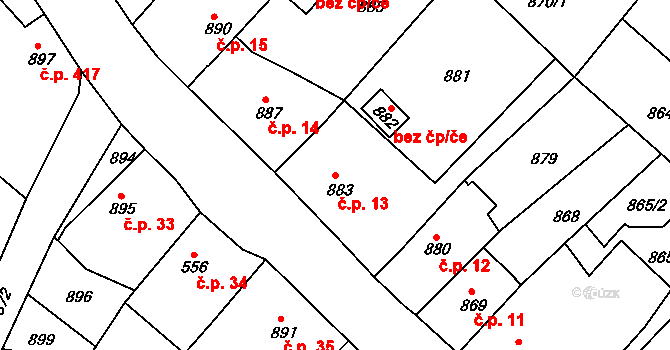 Hodkovice nad Mohelkou 13 na parcele st. 883 v KÚ Hodkovice nad Mohelkou, Katastrální mapa