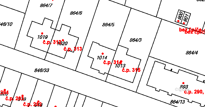 Plácky 314, Hradec Králové na parcele st. 1014 v KÚ Plácky, Katastrální mapa