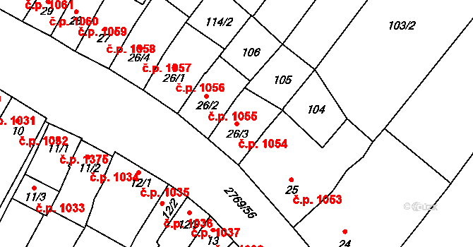 Ivančice 1054 na parcele st. 26/3 v KÚ Kounické Předměstí, Katastrální mapa