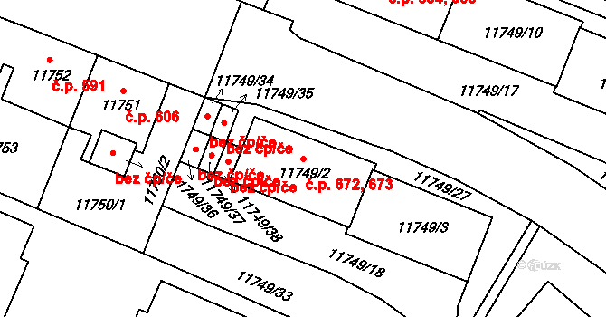 Severní Předměstí 672,673, Plzeň na parcele st. 11749/3 v KÚ Plzeň, Katastrální mapa