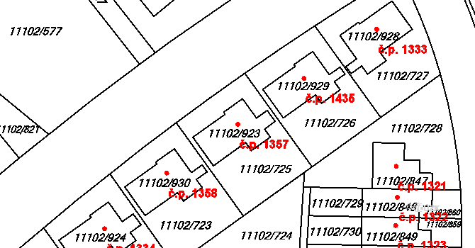 Severní Předměstí 1357, Plzeň na parcele st. 11102/923 v KÚ Plzeň, Katastrální mapa