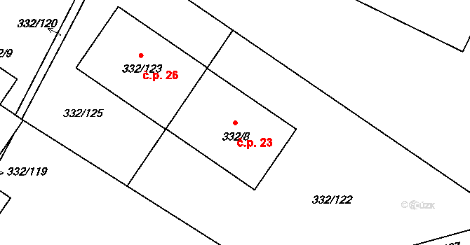 Tušimice 23, Kadaň na parcele st. 332/8 v KÚ Tušimice, Katastrální mapa