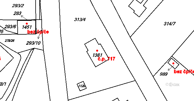 Jablonné nad Orlicí 717 na parcele st. 1381 v KÚ Jablonné nad Orlicí, Katastrální mapa