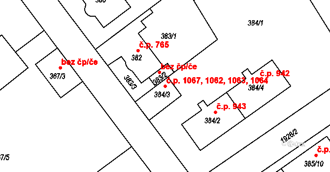 Klíše 1062,1063,1064,1067, Ústí nad Labem na parcele st. 384/3 v KÚ Klíše, Katastrální mapa