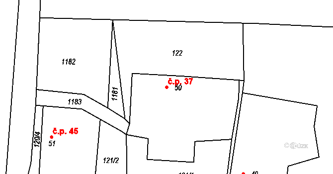 Borovany 37 na parcele st. 50 v KÚ Borovany u Milevska, Katastrální mapa