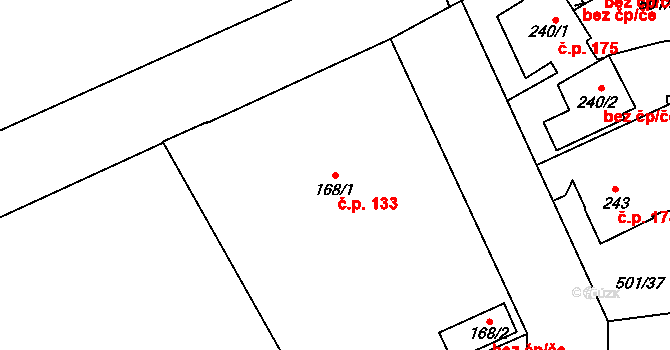 Horní Bříza 133 na parcele st. 168/1 v KÚ Horní Bříza, Katastrální mapa