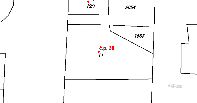 Stvolny 36, Manětín na parcele st. 11 v KÚ Stvolny, Katastrální mapa