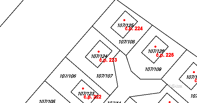 Velké Chvalovice 223, Pečky na parcele st. 107/124 v KÚ Velké Chvalovice, Katastrální mapa