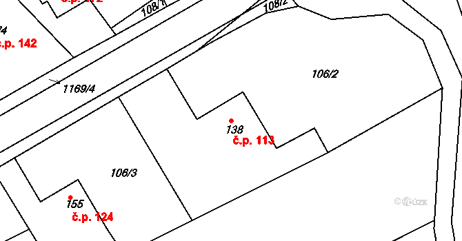 Podhradní Lhota 113 na parcele st. 138 v KÚ Podhradní Lhota, Katastrální mapa