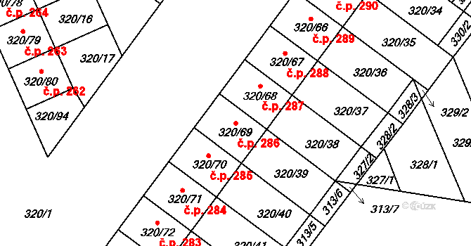 Dobšice 286 na parcele st. 320/69 v KÚ Dobšice u Znojma, Katastrální mapa