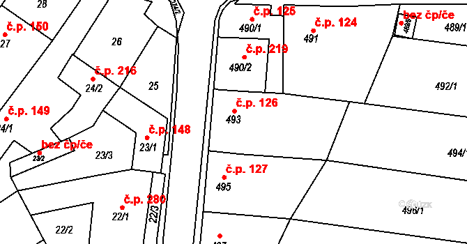 Suchohrdly 126 na parcele st. 493 v KÚ Suchohrdly u Znojma, Katastrální mapa