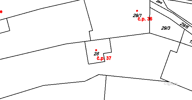 Malhotice 37 na parcele st. 28 v KÚ Malhotice, Katastrální mapa