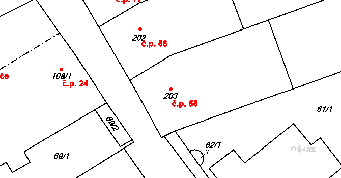 Přerov VIII-Henčlov 55, Přerov na parcele st. 203 v KÚ Henčlov, Katastrální mapa