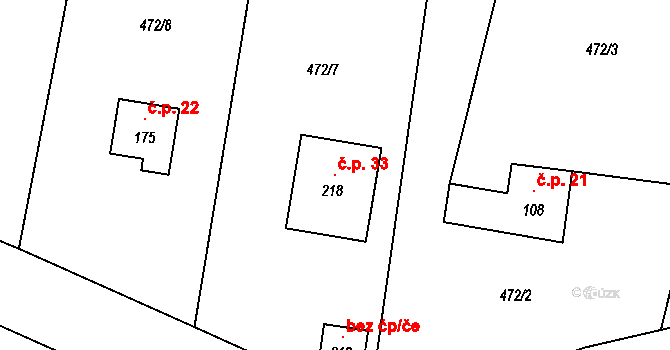 Dolánky 33, Bítouchov na parcele st. 218 v KÚ Bítouchov u Mladé Boleslavi, Katastrální mapa