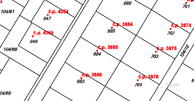 Jihlava 3885 na parcele st. 684 v KÚ Bedřichov u Jihlavy, Katastrální mapa
