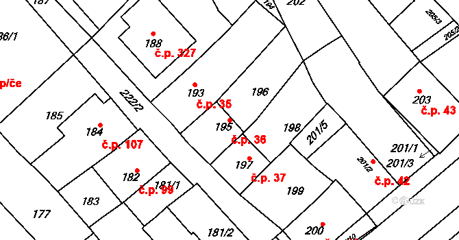 Zarazice 36, Veselí nad Moravou na parcele st. 195 v KÚ Zarazice, Katastrální mapa