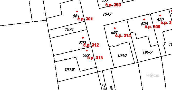 Humny 312, Pchery na parcele st. 593 v KÚ Pchery, Katastrální mapa
