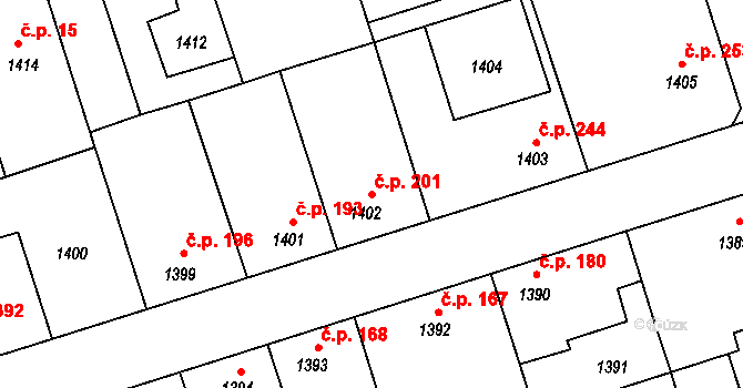 Libušín 201 na parcele st. 1402 v KÚ Libušín, Katastrální mapa