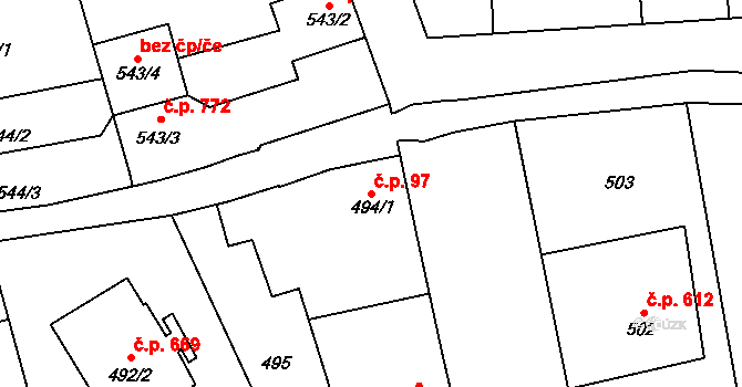 Velká Bystřice 97 na parcele st. 494/1 v KÚ Velká Bystřice, Katastrální mapa
