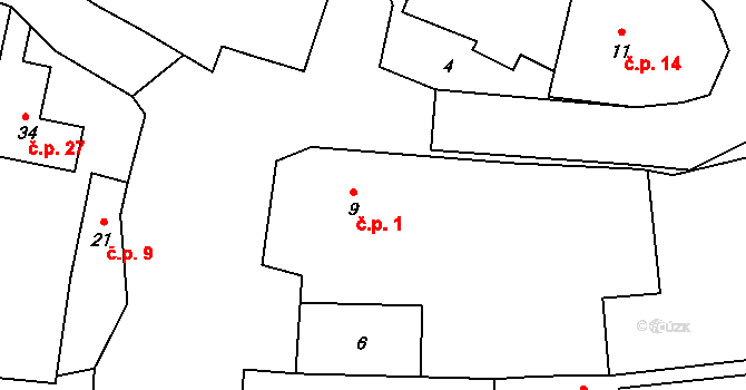 Sokolí 1, Třebíč na parcele st. 9 v KÚ Sokolí, Katastrální mapa