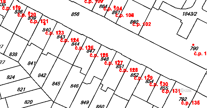 Komárov 127, Brno na parcele st. 848 v KÚ Komárov, Katastrální mapa