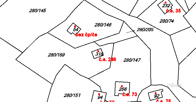 Skalka 246, Cheb na parcele st. 318 v KÚ Skalka u Chebu, Katastrální mapa