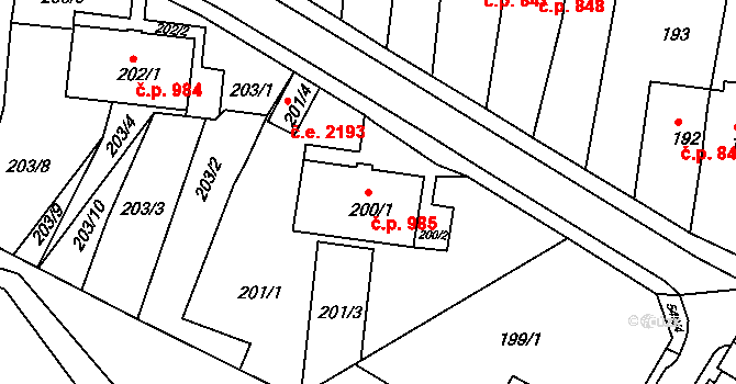 Jirkov 985 na parcele st. 200/1 v KÚ Jirkov, Katastrální mapa