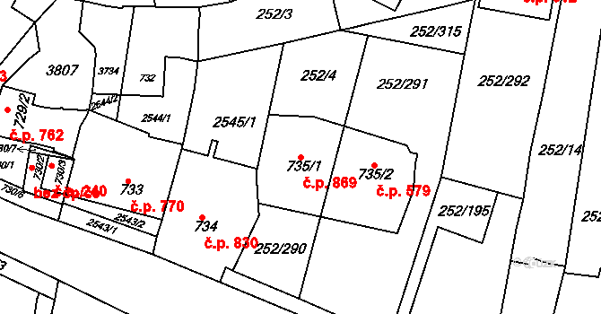 Rosice 869 na parcele st. 735/1 v KÚ Rosice u Brna, Katastrální mapa